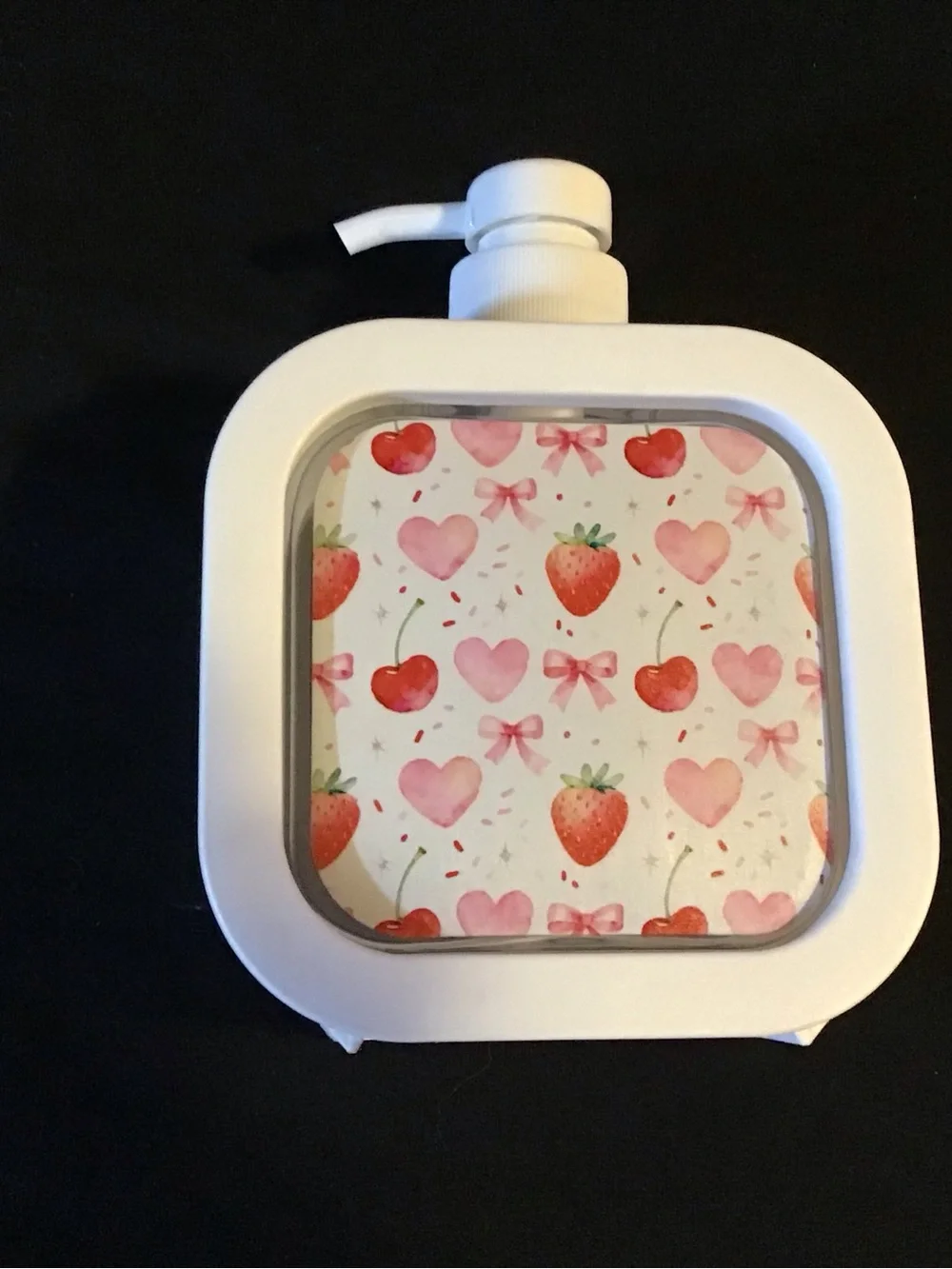 White Pump Bottle with Pink Strawberry & Heart Print